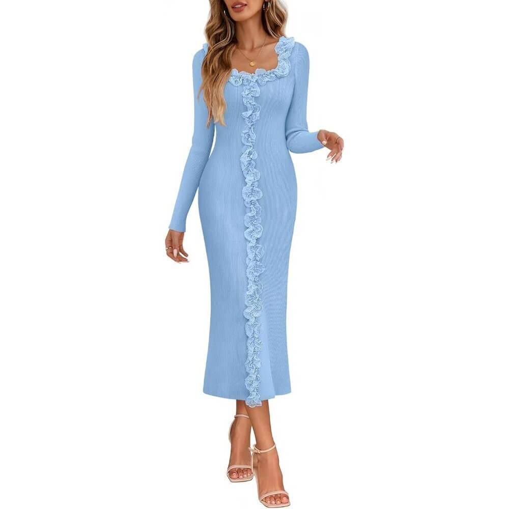 Women's Ribbed Bodycon Midi Dress Square Neck Long Sleeve Elegant Black